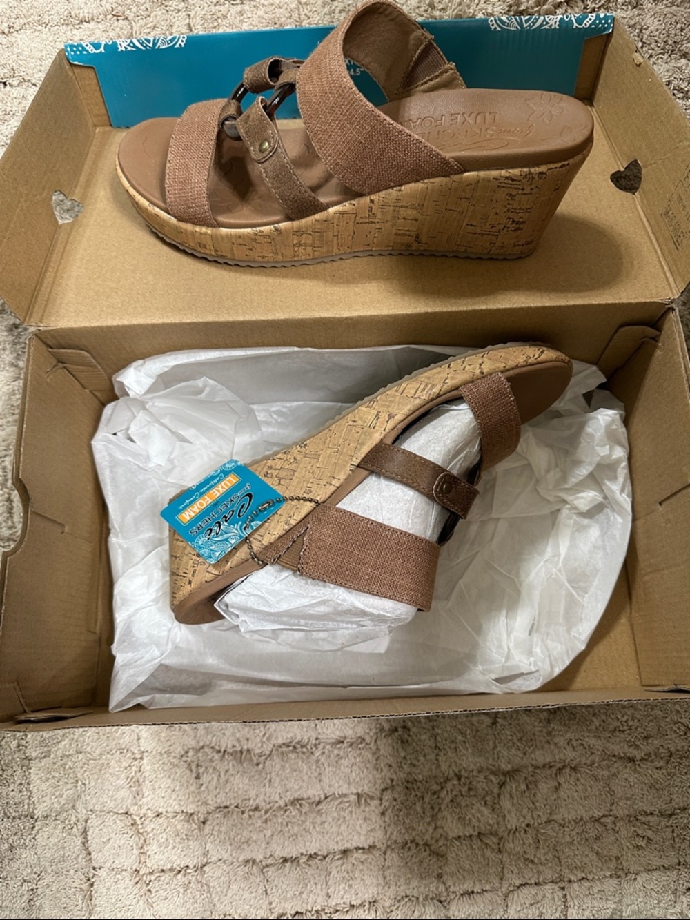 NEW Cali Skechers Brown Cork Wedge Sandals